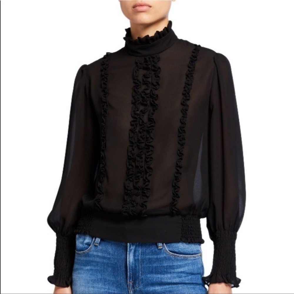 Frame Ruffle Smocked Long Sleeve Mock Neck Blouse in Black